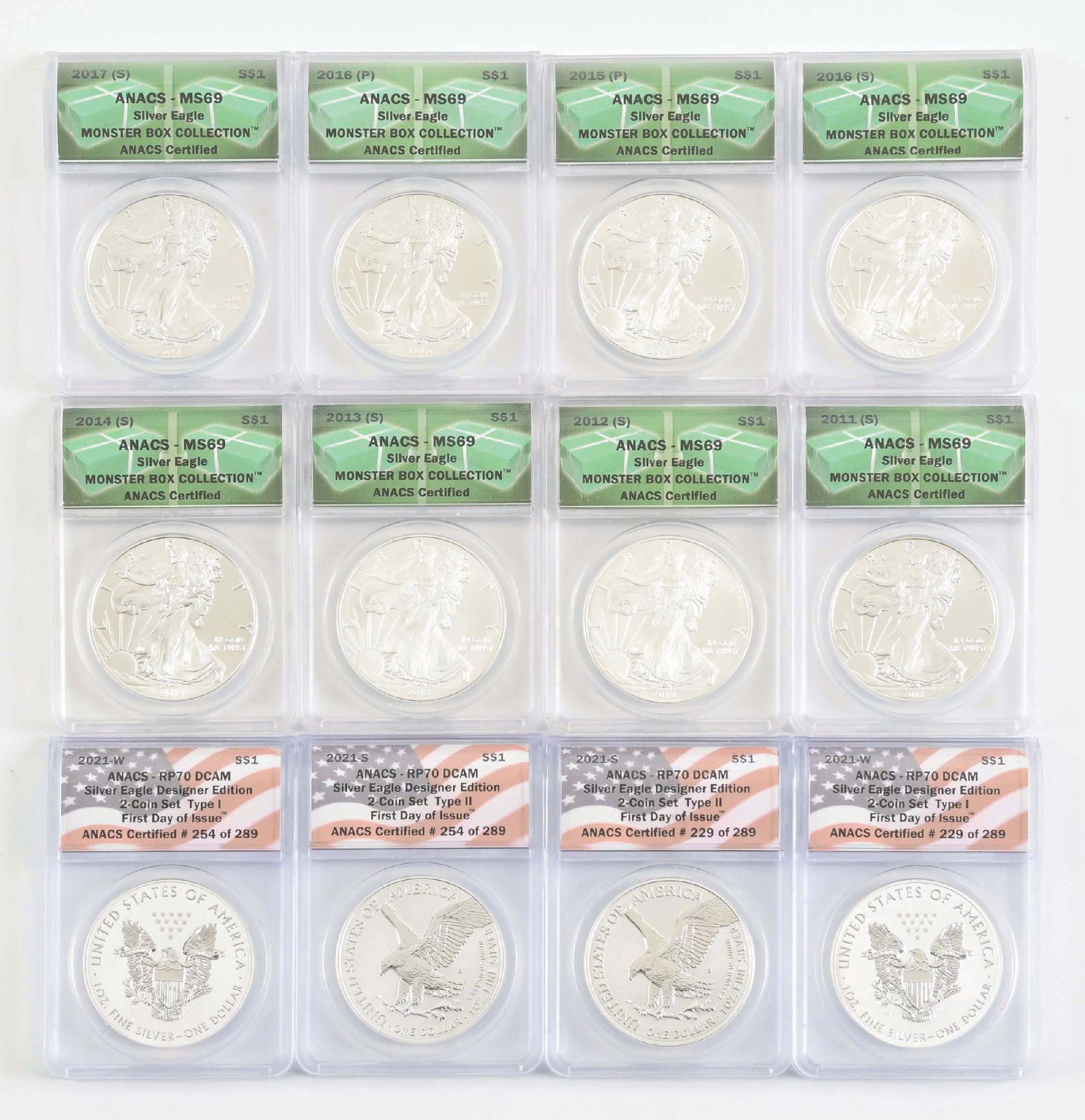 LOT OF 12: AMERICAN SILVER EAGLES, ALL ANACS (1 of 2)