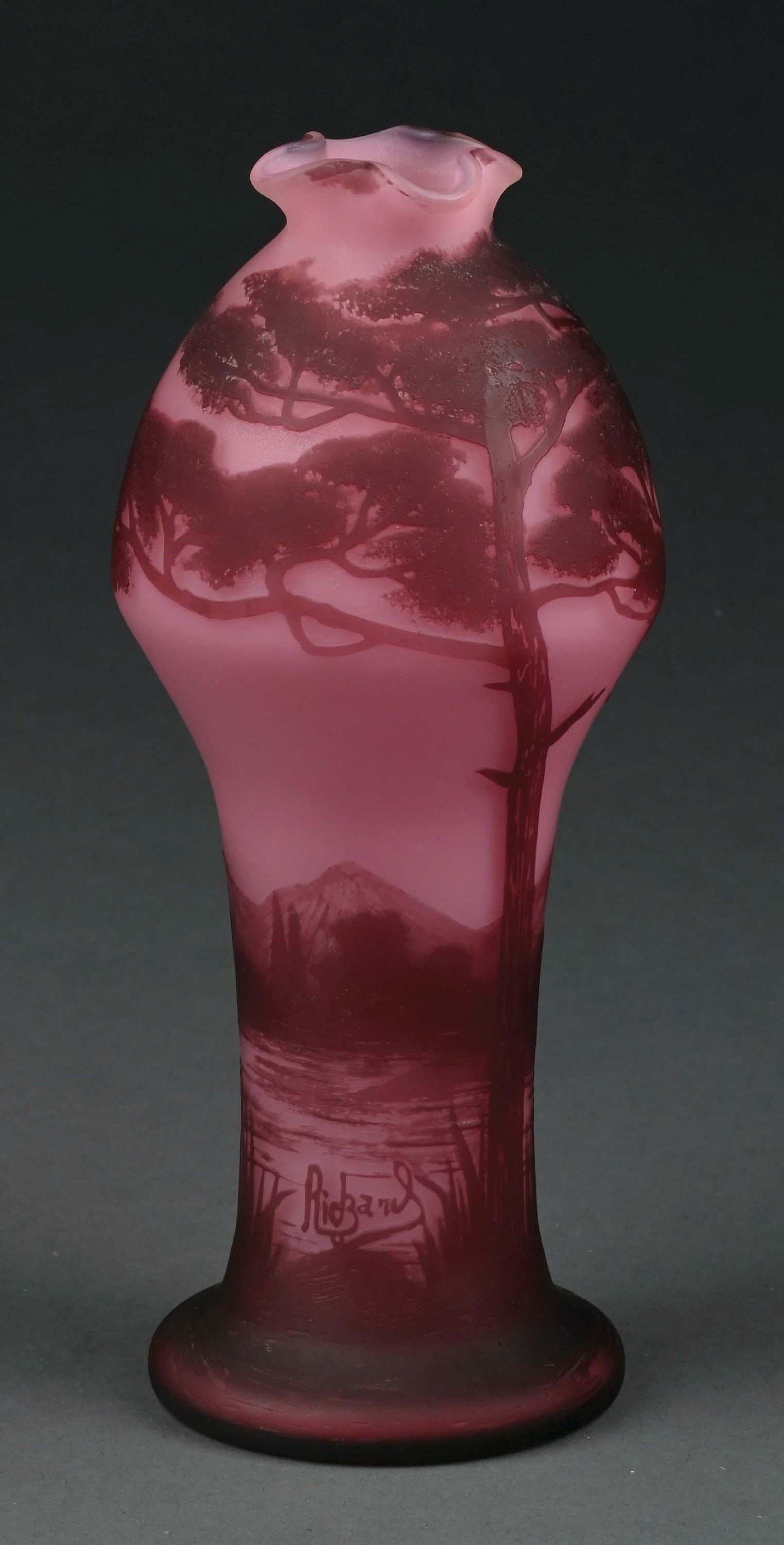 LOETZ "RICHARD" CAMEO ART GLASS VASE: C. 1920s. Cameo cut in pink and deep reds, decorated with a forest lake scene. Signed in cameo "Richard." Condition: (Mint) Dimensions: 4" x 4" x 8 - 1/2".