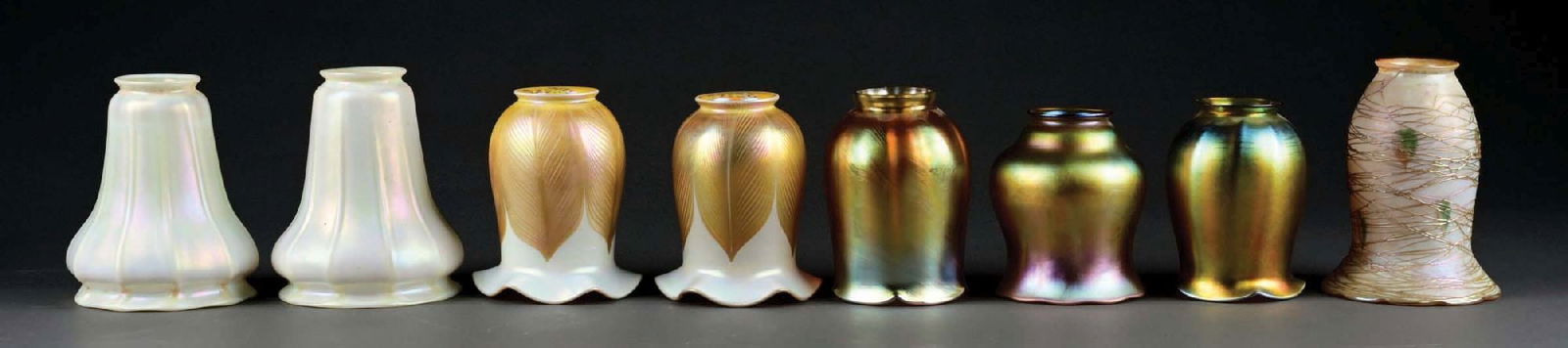 LOT OF 8: TULIP-STYLE ART GLASS SHADES, MOSTLY QUEZAL (1 of 6)