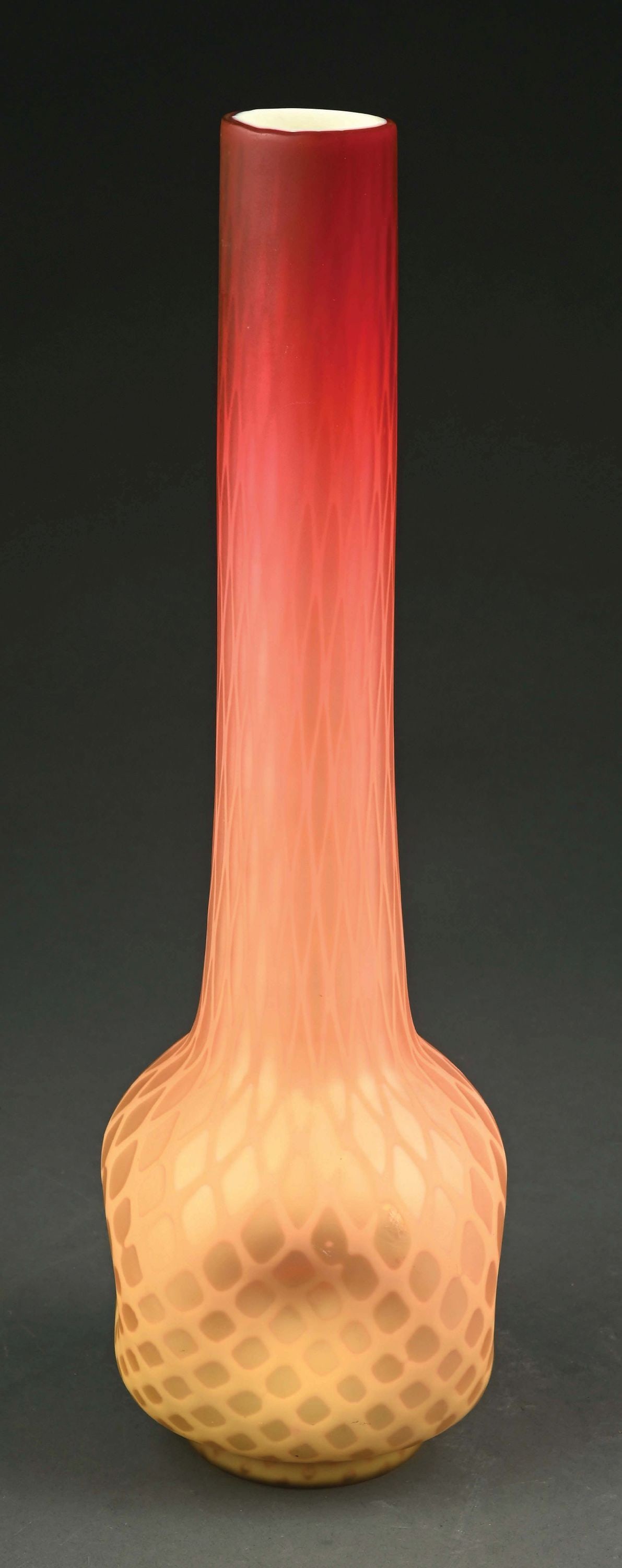 PEACH BLOW TALL SATIN GLASS VASE: Beautiful color. Rare tall variation. Condition: (Excellent) Dimensions: 6" dia x 18" t