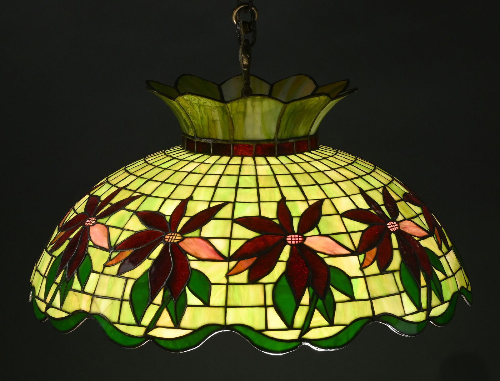 EARLY 20TH CENTURY POINSETTIA LEADED GLASS HANGING LAMP (1 of 5)
