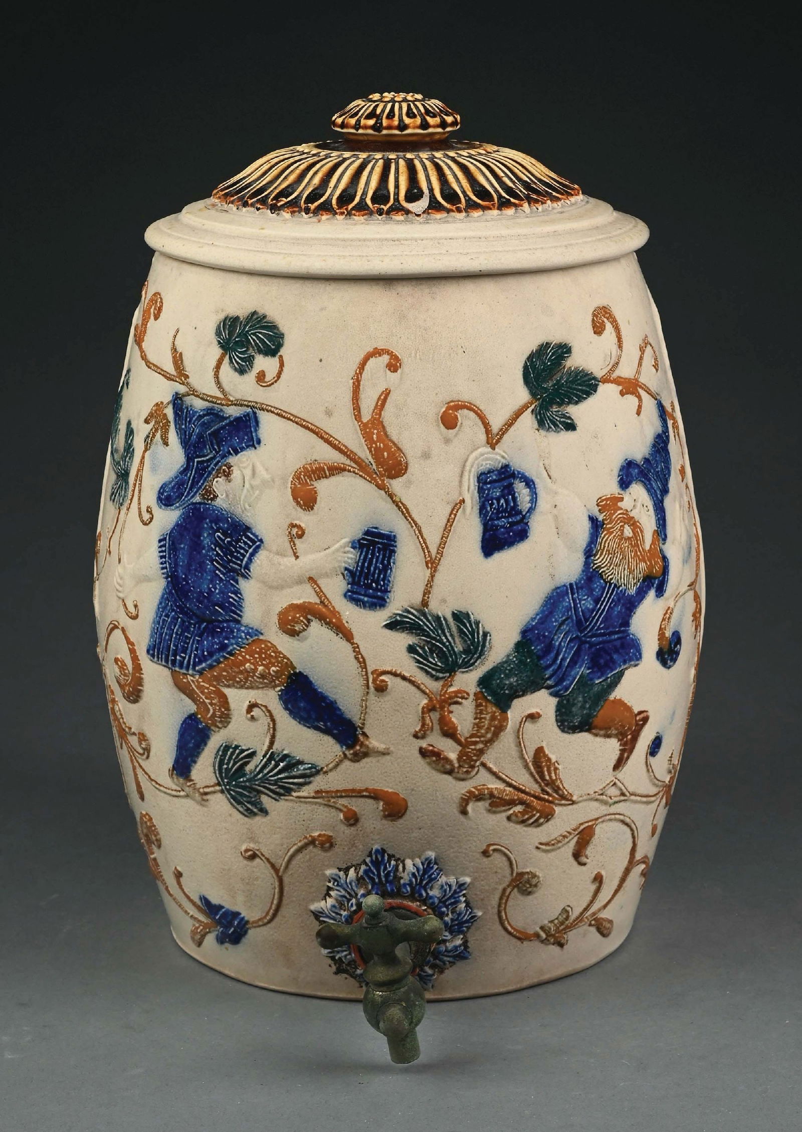 LIDDED ETCHED STONEWARE PUB SCENE BEER DISPENSER (1 of 5)