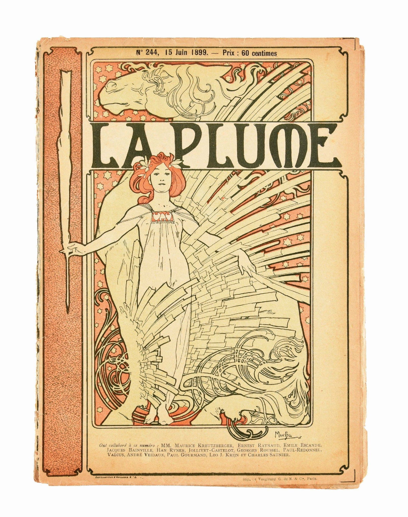 LA PLUME ALPHONSE MUCHA (1860-1939): 1899 Paris poster publication with cover art by Alphonse Mucha and interior reproductions of the artist's works. 10" x 7 - 3/8" CONDITION: Visible wear with some pages separated from binding. Conditio