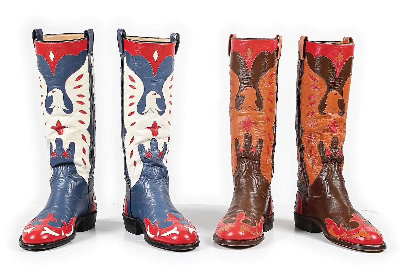 LOT OF 2 PAIR OF CUSTOM "EAGLE" COWBOY BOOTS: Two pair of colorful inlaid custom boots done in the style of the famous Roy Rogers "Eagle". These are maker marked "Handmade by Jack Rowin" and "Custom Made by Jack Rowin" also written inside is Made