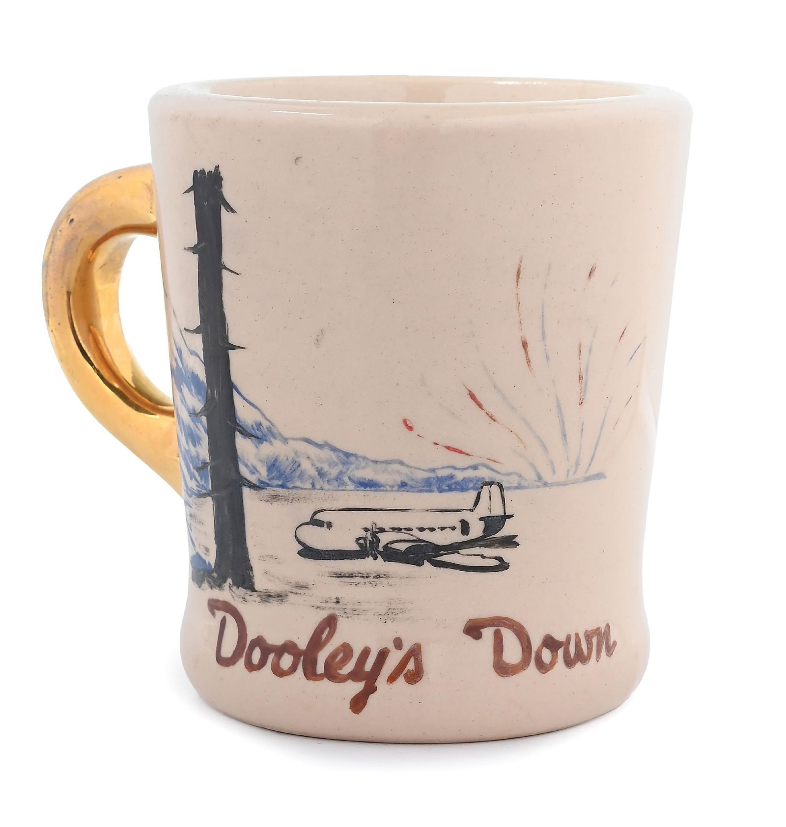 JOHN WAYNE CAST AND CREW COFFEE MUG FOR "ISLAND IN THE SKY": Tom from Duke and "Dooley's Down" (1953). Underside "Wallace China, Bob Williams, Santa Ana, California". Island in the Sky is the fifth mug Bob Williams made for John Wayne on the traditional Wallace