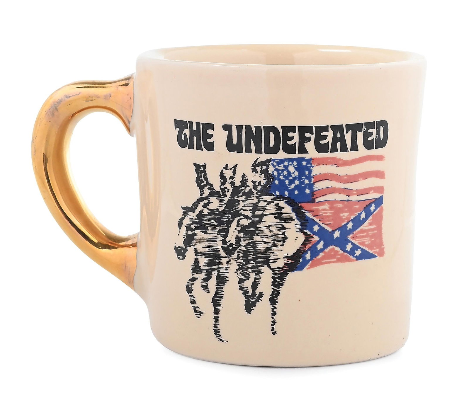 JOHN WAYNE CAST AND CREW COFFEE MUG FOR "THE UNDEFEATED": Tom from Duke. Underside "The Mug Shop, Corona del Mar, California". The Undefeated is the seventh mug made by the Mug Shop, produced on the Burden China blank. 1969. 4 1/2" x 3 1/4" x 3 1/2"