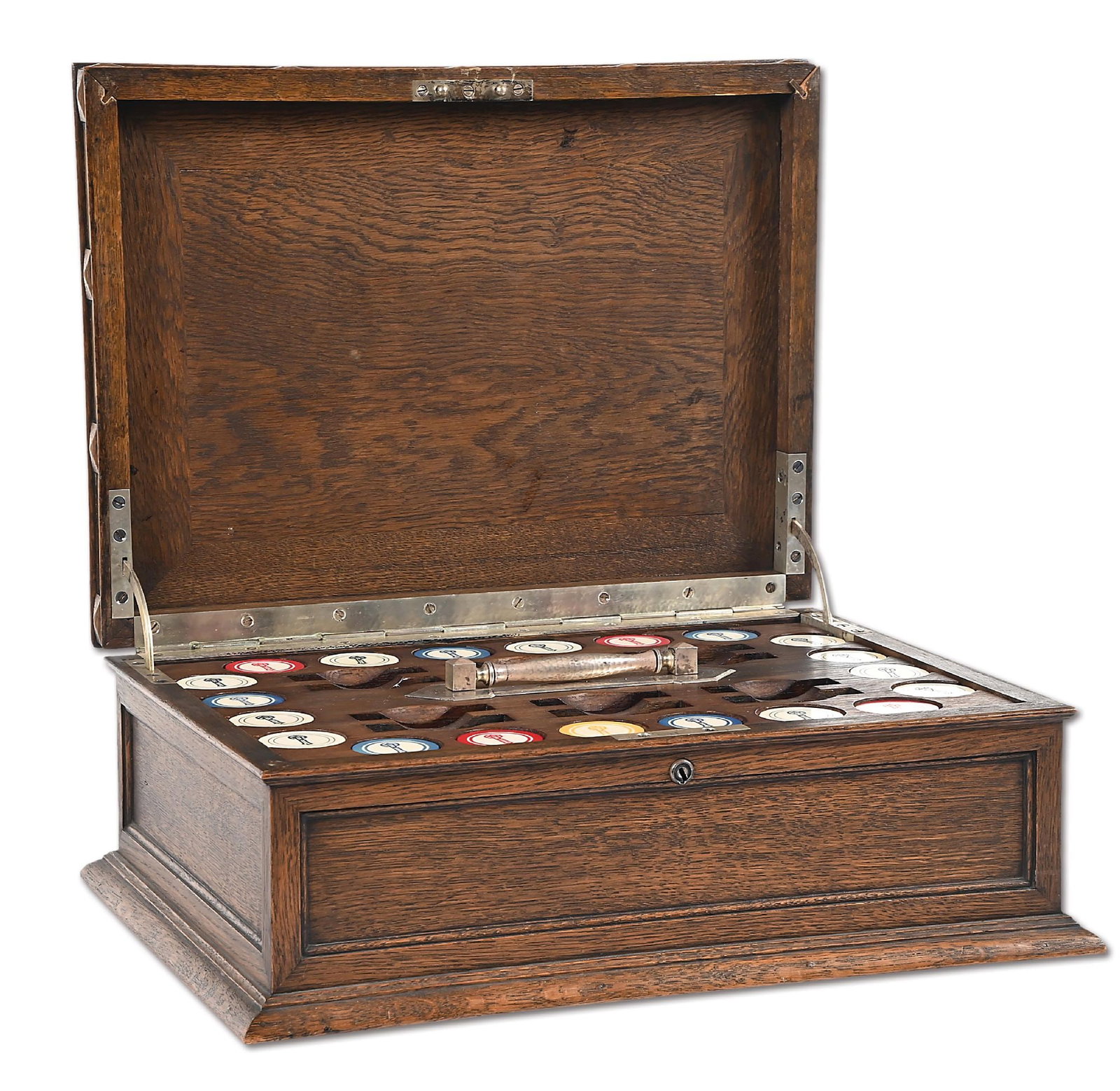 IVORY POKER CHIP SET IN ORIGINAL WALNUT BOX: C: 1900. Set of 500 ivory poker chips with emblem detail in white, red, blue and yellow colors. Complete set is housed in a walnut case with removeable insert that can also hold 12 decks of cards. CON