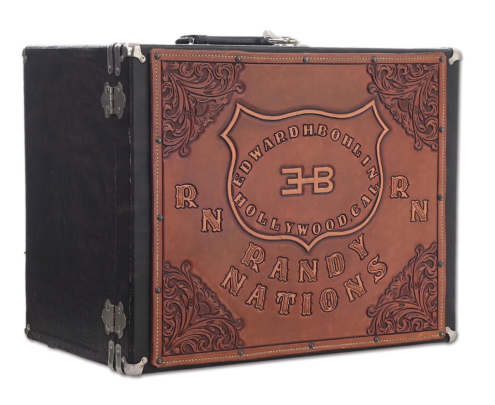 A LARGE PARTS BOX WITH CUSTOM TOOLED LEATHER FRONT EDWARD H. BOHLIN: A front-opening parts box with a tooled leather front, measuring 12" by 13 1/2", stamped "Edward H. Bohlin, Hollywood, Cal" with the Edward Bohlin brand in center and "RN" on both sides and underneath