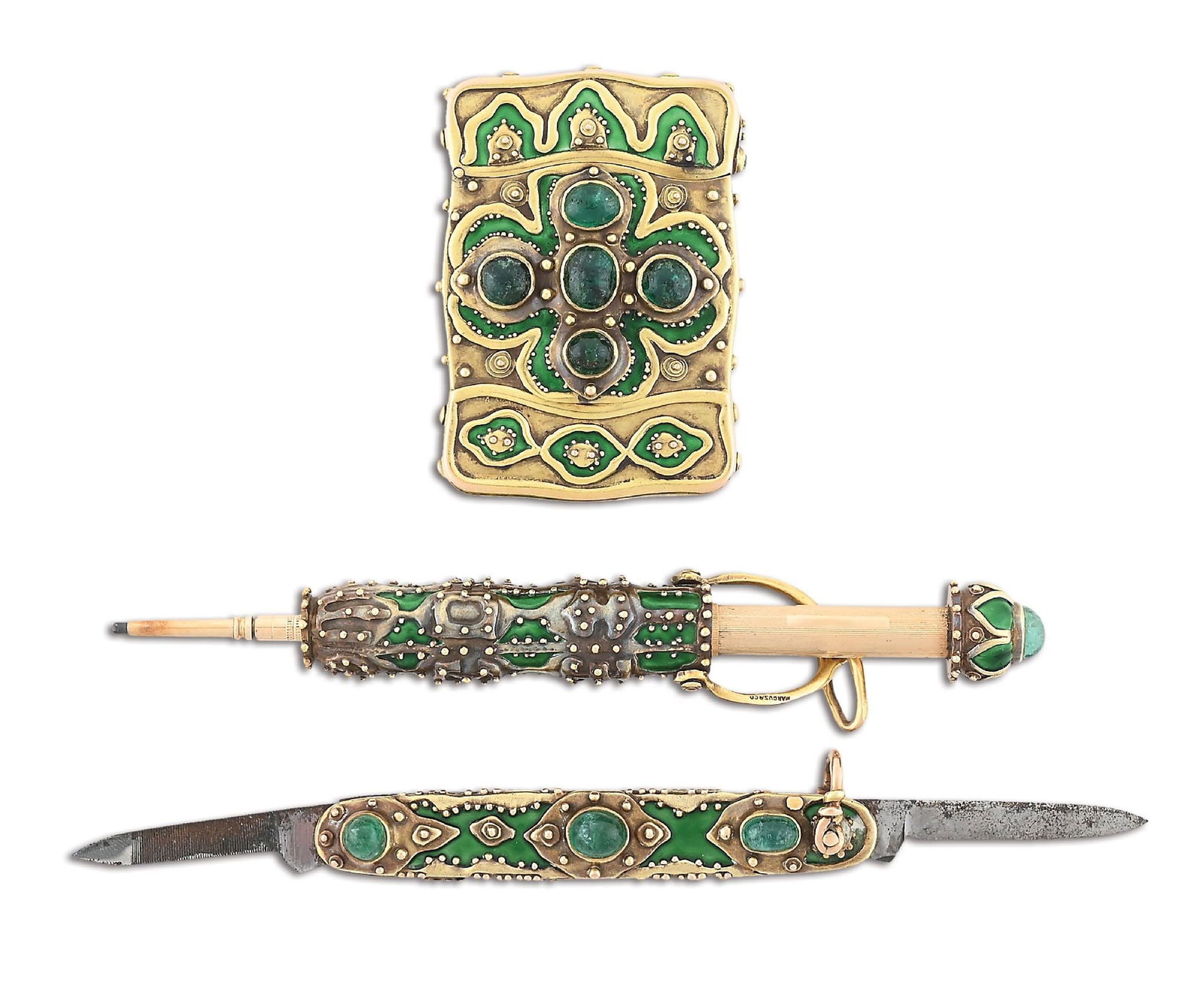 SET OF 3: RARE 14K YELLOW GOLD MATCH SAFE, PROPELLING PENCIL AND PEN KNIFE: Etruscan-style with emeralds from Muzo Mine in Bogota, Colombia, all made by Marcus & Co. Two dated 1908, one dated 1904. Rare matched set with approximately 150g of 14k gold. a) Match safe 2 3/8" x 1