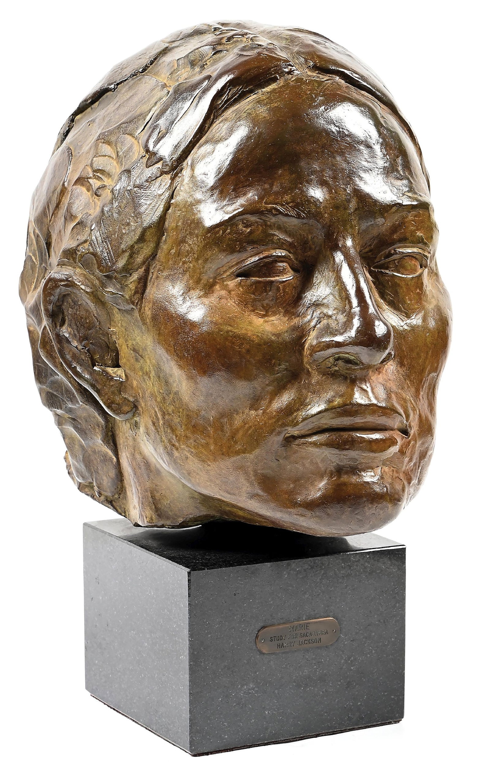 HARRY JACKSON (1924-2011): Marie (Study for Sacagawea) Bronze 10" x 7" x 8 1/2" Signed and dated Harry Jackson 80 / SUH10 On 3" marble base