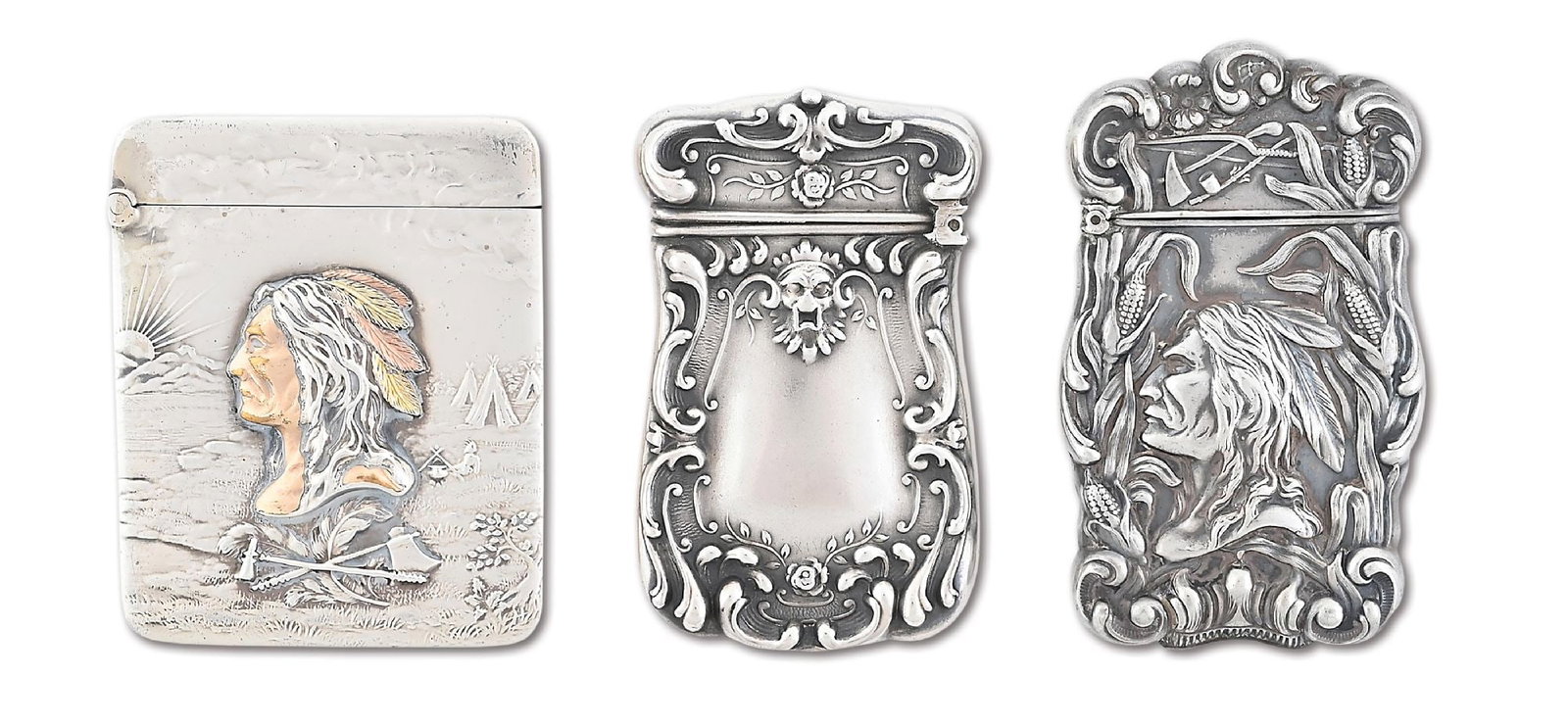 LOT OF 3: STERLING MATCH SAFES WITH NATIVE AMERICANS: a) Gold face with embossed images of tepees, rising sun and tomahawks. b) Buffalo on lid with dam and Native American at bottom for the Pan Am Expo. c) Native American with corn stalks. All with stron