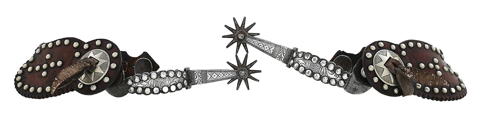 AUGUST BUERMANN #1478 SPURS: Straight shank spurs with raised dots edging the 3/4" bands with scroll and 4 square engraving on the inlays, the 2 1/2" shank is inlaid with cross hatch and scroll. The off side has deep and sharp ch