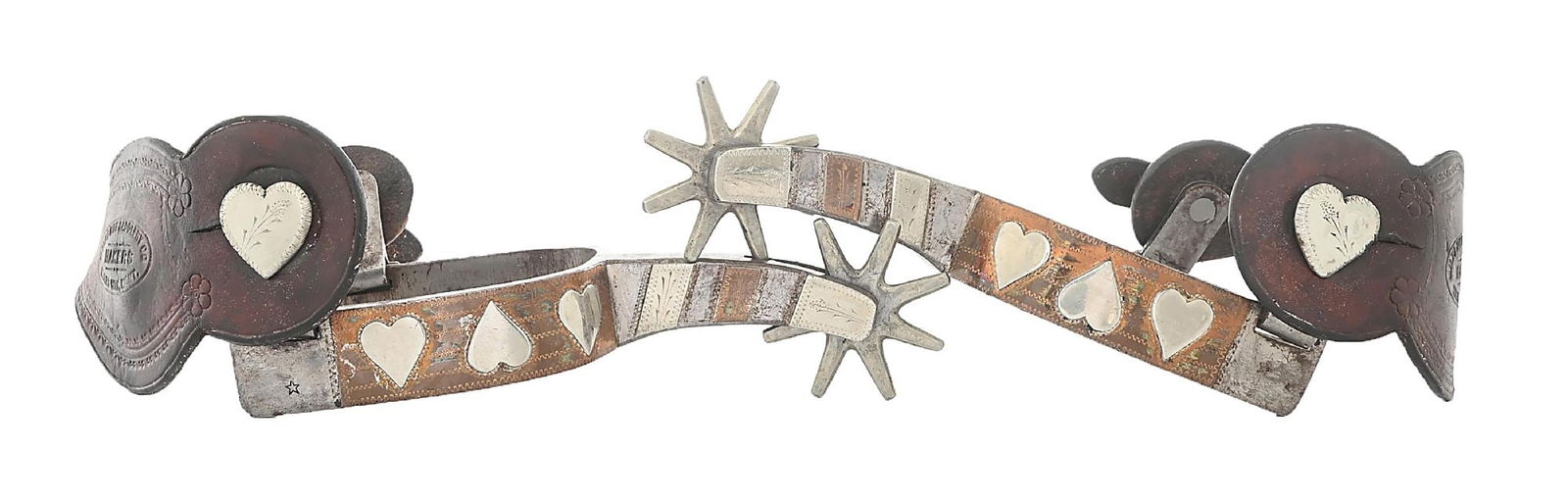 AUGUST BUERMANN #1070 "FOUR HEART" SPURS: A high finish pair of Buermann's version on the famous Kelly Bros. #410 "Lucky Hearts" or the Oscar Crockett No. 70 "The Four Hearts", Two the, silver and copper overlays, 3 hearts on the 1" band, str