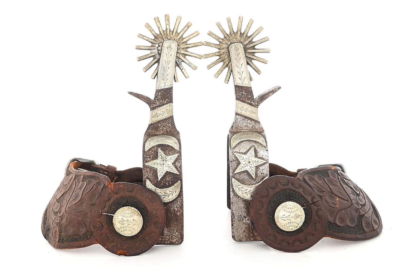 AUGUST BUERMANN #1115 "STARS & MOONS" SPURS: A massive pattern spur with a 1 1/4" band overlaid with a star and 2 crescents, the long and heavy 3" shank in overlaid and holds a 2 1/4" rowel. This was a popular spur for being so heavy, the Beason