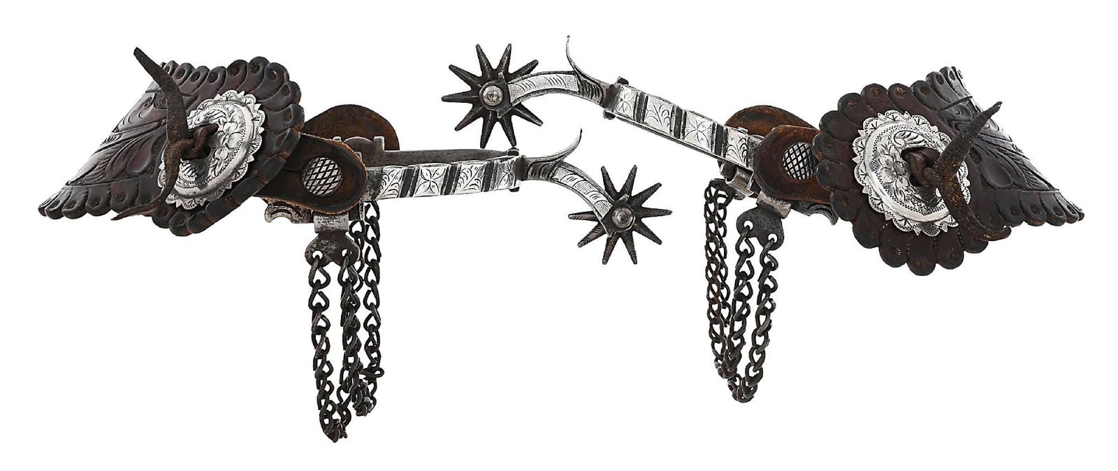 AUGUST BUERMANN #1404 CALIFORNIA SPURS: A beautiful designed classic Northern California style spur with dips between the engraved inlays on the 1/2" band. The 2" shank has a 3/4" drop shanks and holds a 1 1/2" rowel. Deep forged and chased