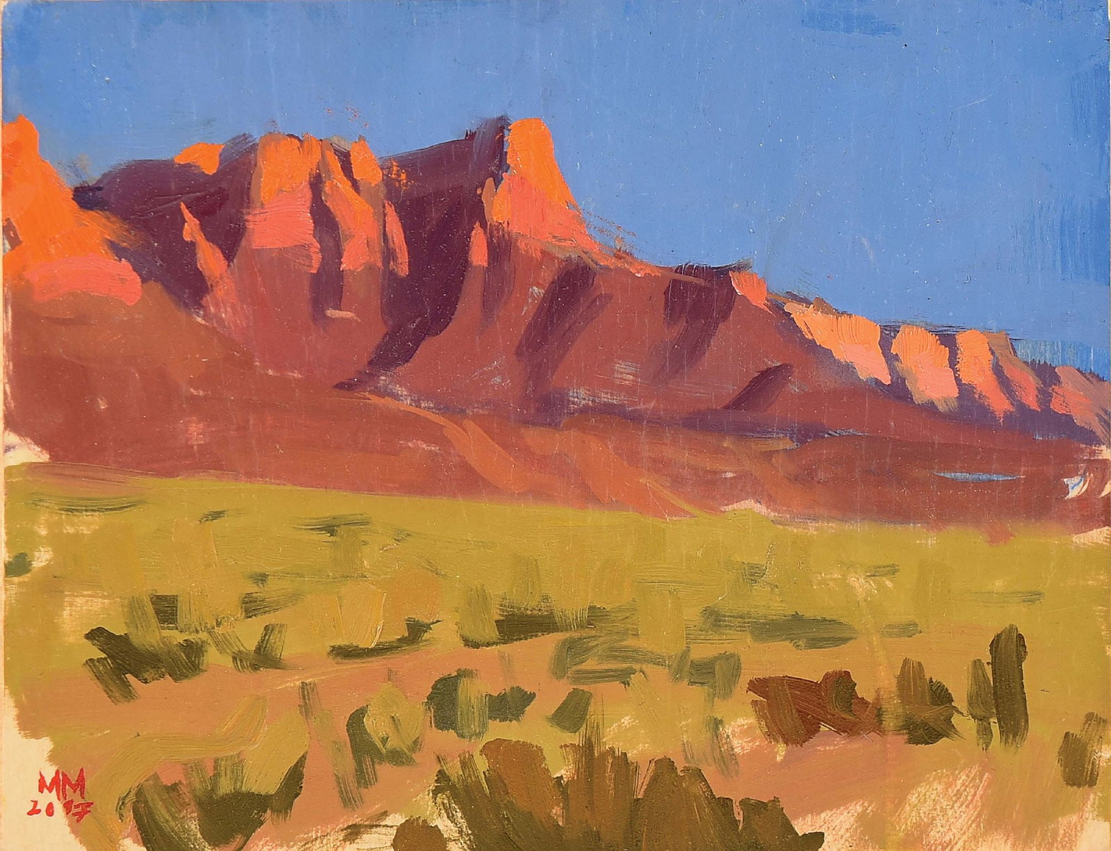 MARK MAGGIORI (B. 1977): Untitled (Monument valley views) Acrylic on wood block 8" x 10" Signed and dated lower left in artist's monogram: "MM" 2017 Framed in wood shadow box 14 5/8" x 16 5/8"