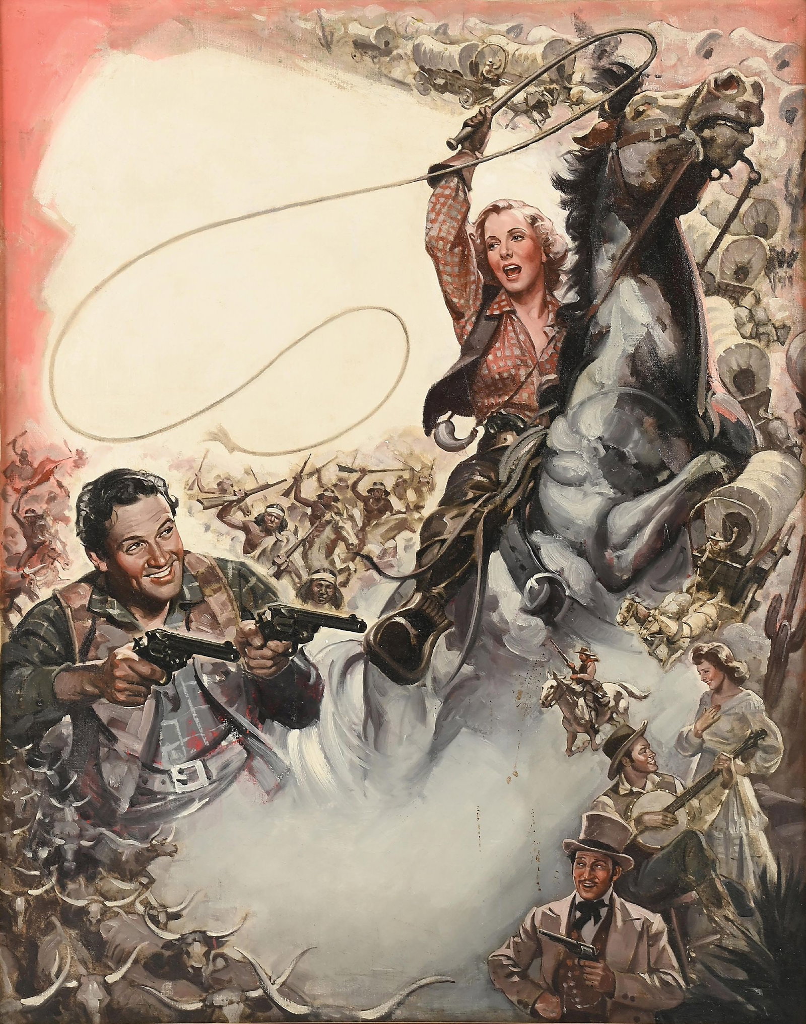 ARIZONA ATTRIBUTED TO BENTON CLARK (1895-1964): Oil on canvas 39" x 31" Unsigned Framed to 41" x 33" Painted for the poster for the 1940 Oscar nominated movie "Arizona" billed as the mightiest outdoor picture of all times starring William Holden an