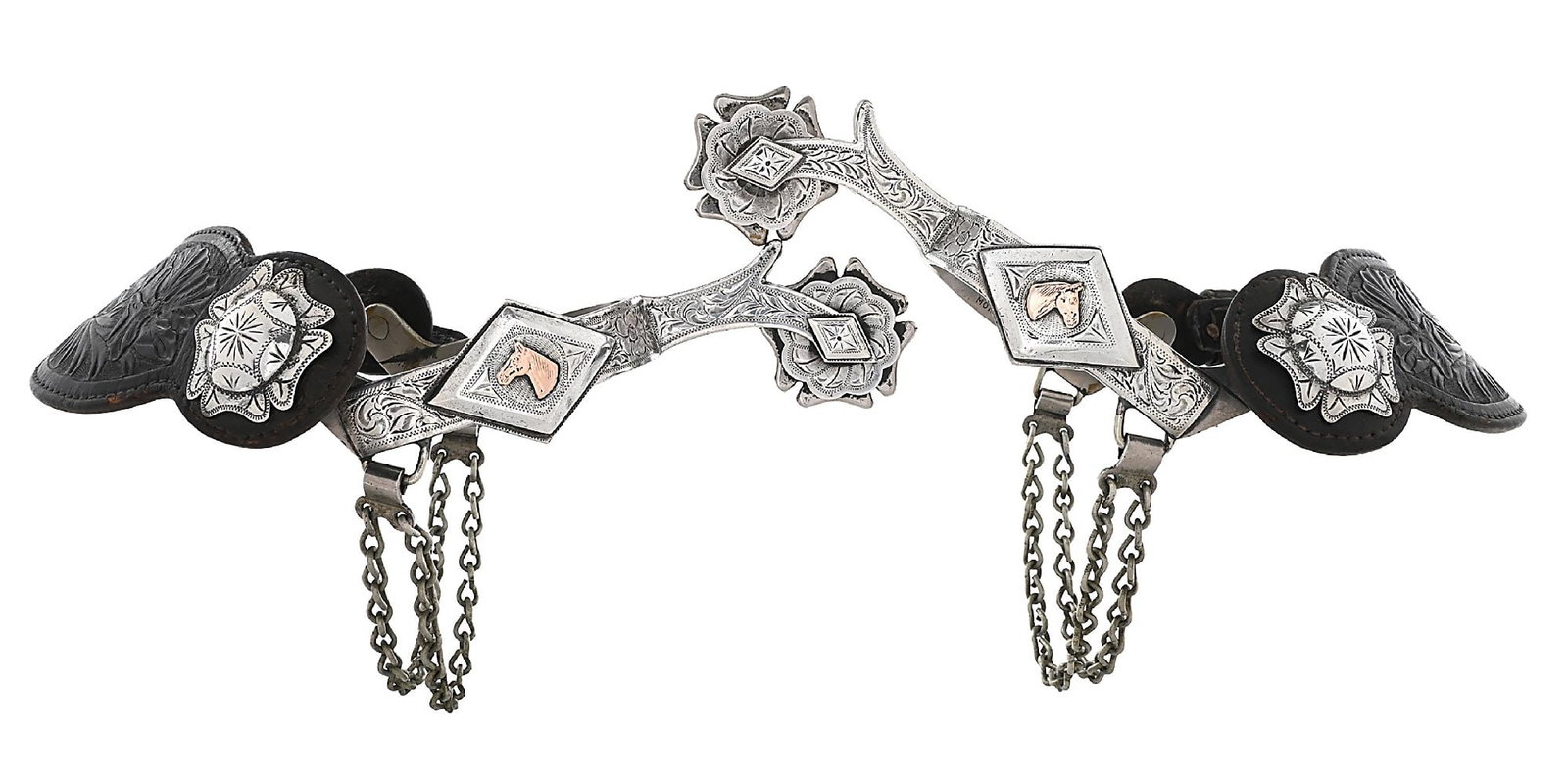DIABLO GOLD HORSEHEAD PARADE SPURS: Fully mounted, finely engraved silver overlaid Northern California parade spurs featuring diamond conchos on the 1 1/2" heel-bands with raised rose gold horse-heads. Fully silvered shanks secure 1 1/2