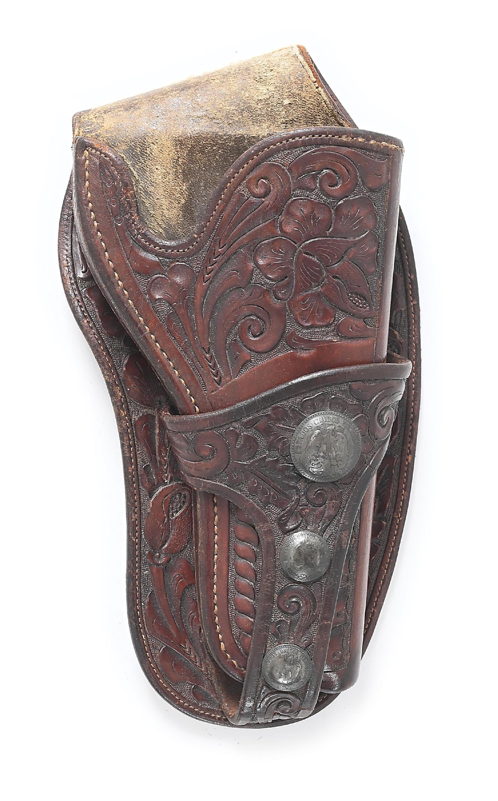 S. D. MYRES "TIO SAMS" HOLSTER: A classic El Paso "Jock Strap" holster with fine floral tooling. This holster includes a letter form Bob Mc Nellis on El Paso Saddlery Co. letterhead stating that the mark is covered by the Mexican co