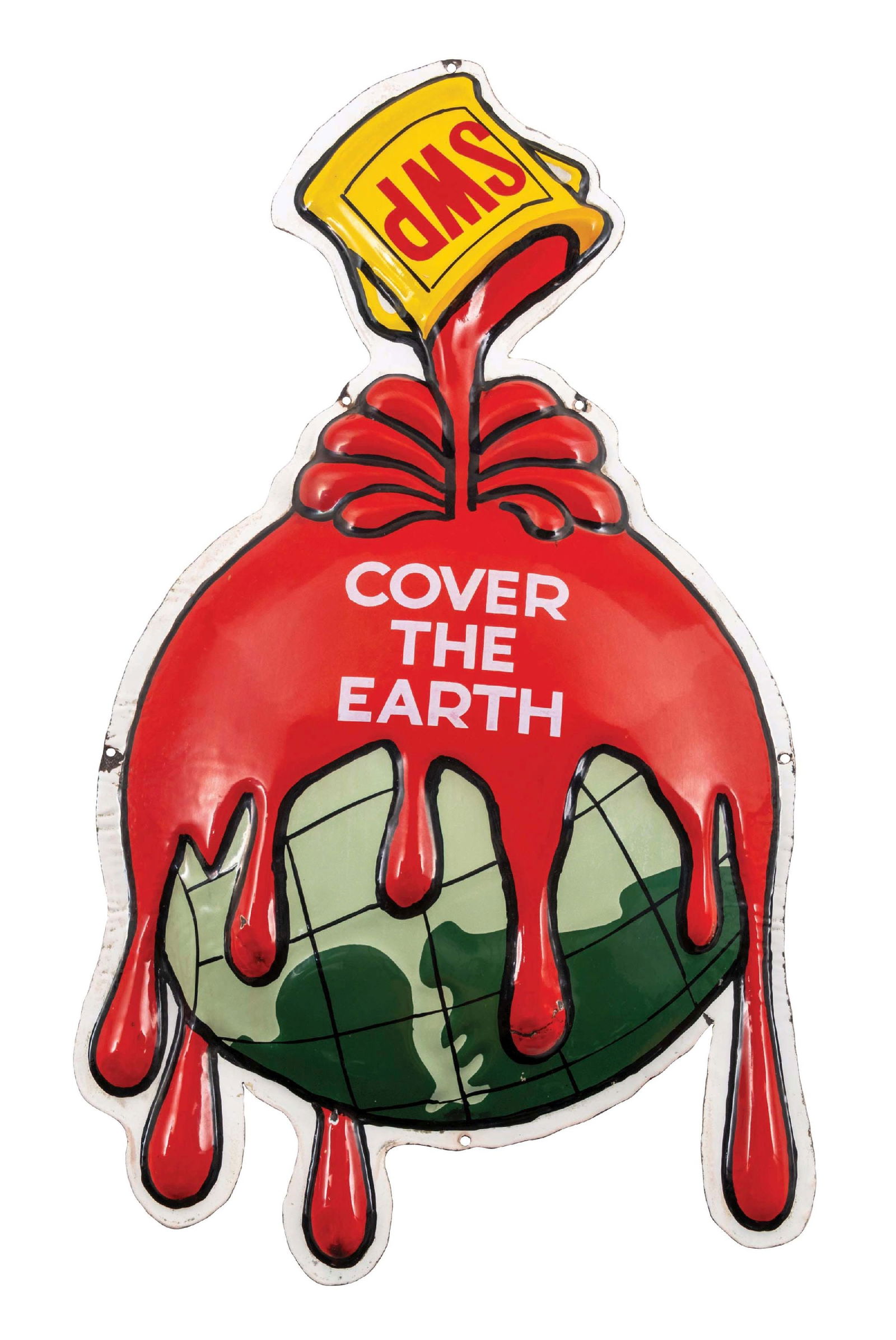 SHERWIN-WILLIAMS PAINT "COVER THE EARTH" CONVEX DIE-CUT PORCELAIN SIGN W/ PAINT SPILL & GLOBE (1 of 2)