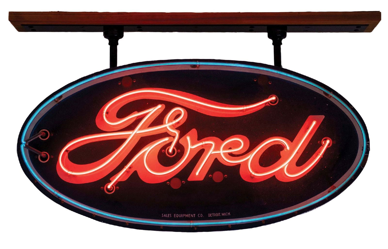 FORD DEALERSHIP NEON SIGN: SSP. A nice example of this C. 1940s single-sided porcelain neon oval sign from the Ford Motor Company. CONDITION: The porcelain skin retains good gloss and color throughout. There are areas of porcel