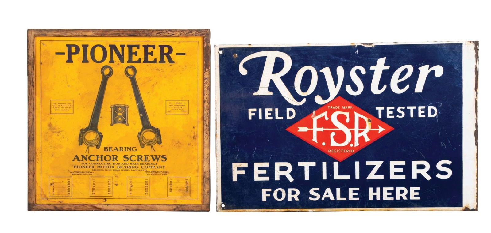 COLLECTION OF 2: ROYSTER FERTILIZER & PIONEER ANCHOR SCREWS SIGNS (1 of 2)