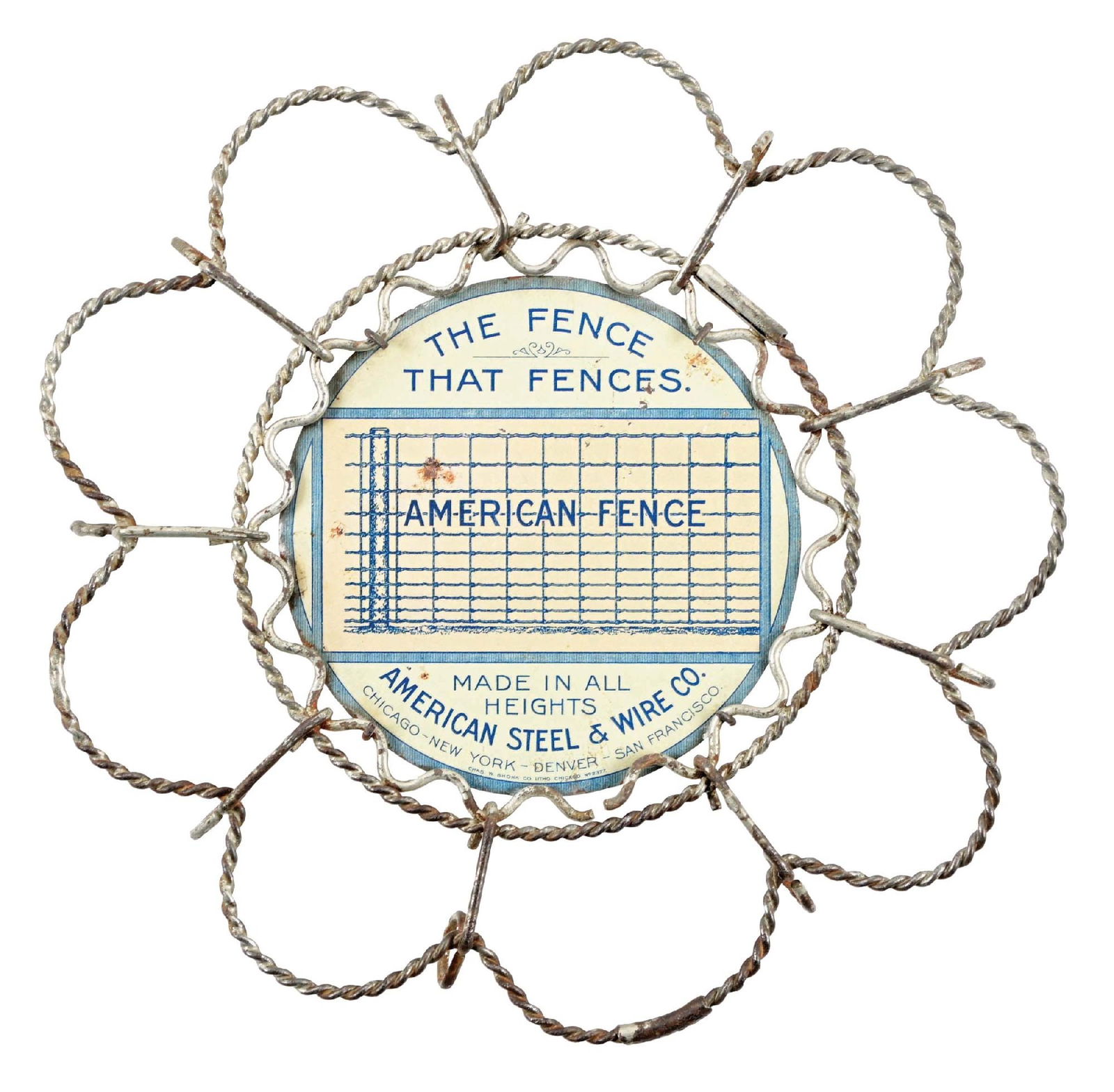 AMERICAN FENCE "THE FENCE THAT FENCES" TIN LITHO SALESMAN ADVERTISING SAMPLE: SST. C. 1920s. Maker Marked Shonk Litho. Unique Advertising Sample Trivet for American Steel & Wire Company showing Fence graphic. CONDITION: Sign shows excellent color & gloss with light surface spot