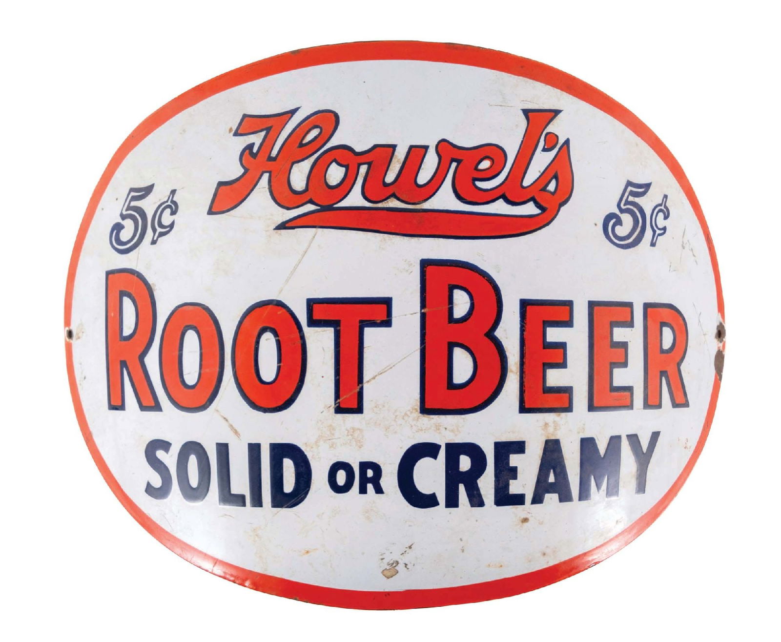 HOWELLS ROOT BEER DISPENSER BARREL SIGN: SSP. A nice example of this C. 1930s single-sided curved porcelain sign from Howells Root Beer with 5¢ graphics. CONDITION: The field of the sign shows discoloration and staining, predominantly s