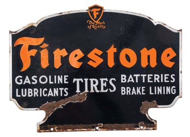 FIRESTONE TIRES GASOLINE, LUBRICANTS, BATTERIES & BREAK LINING RACK TOPPER SIGN