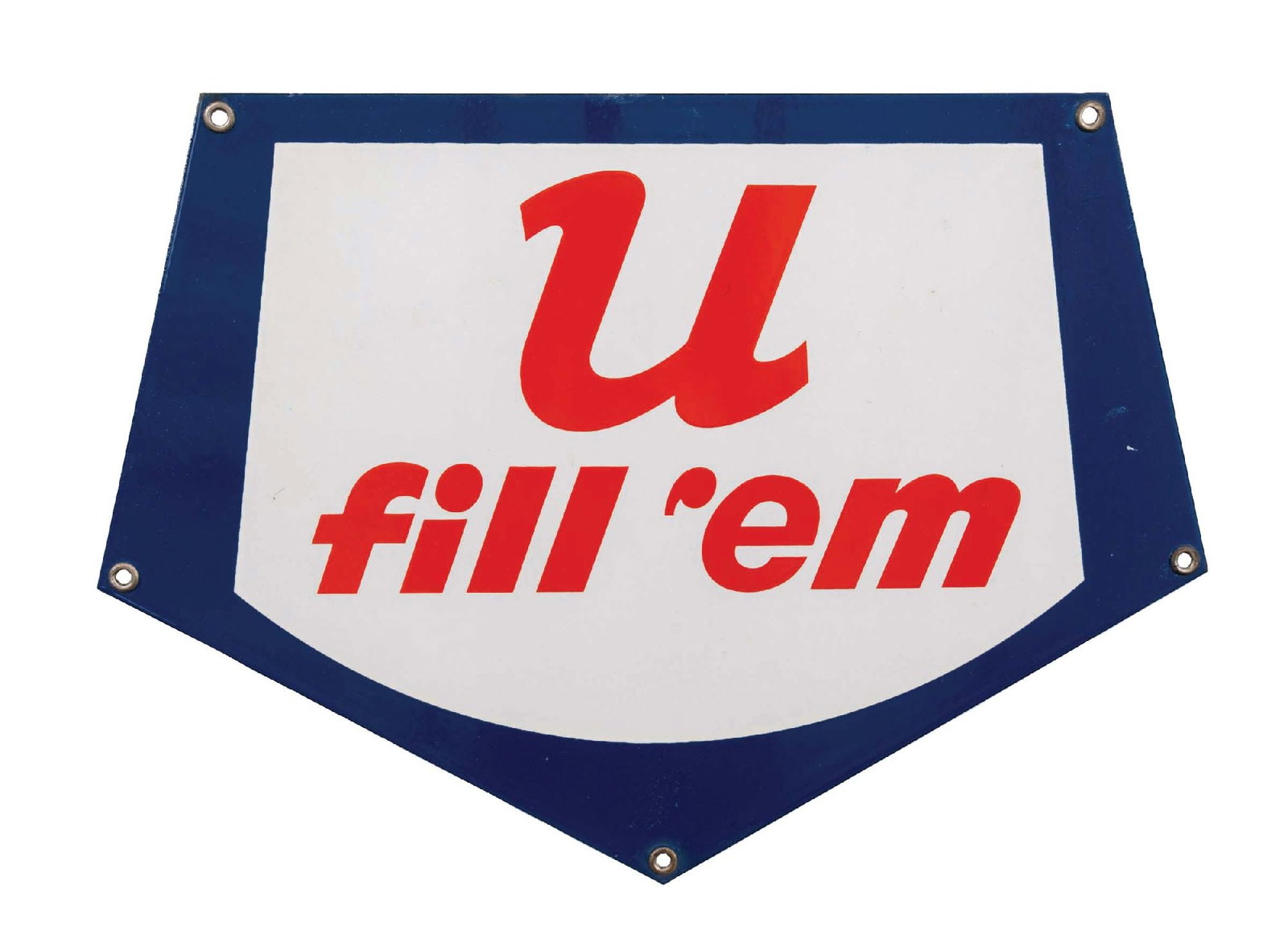U FILL EM' PORCELAIN PUMP PLATE: SSP. A C. 1950s U Fill Em' porcelain pump plate. CONDITION: The sign has tremendous color and gloss with very minor areas of surface staining on the white background. The outer edges of the sign show