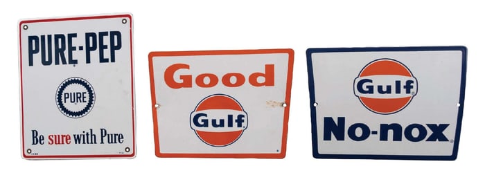COLLECTION OF 3: PURE AND GULF PORCELAIN PUMP PLATES