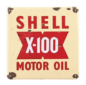 SHELL X-100 MOTOR OIL PORCELAIN SERVICE STATION SIGN.