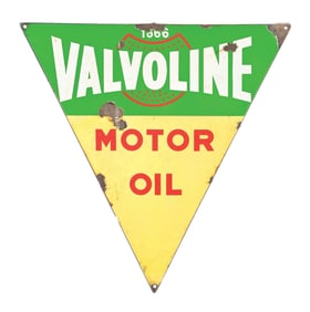 VALVOLINE MOTOR OIL TRIANGULAR PORCELAIN SERVICE STATION SIGN.
