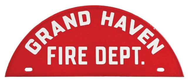 GRAND HAVEN FIRE DEPT. N.O.S. PORCELAIN LICENSE PLATE TOPPER SIGN