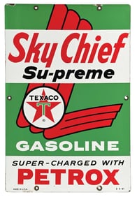 TEXACO SKY CHIEF SU-PREME SUPER-CHARGED WITH PETROX PORCELAIN PUMP PLATE SIGN