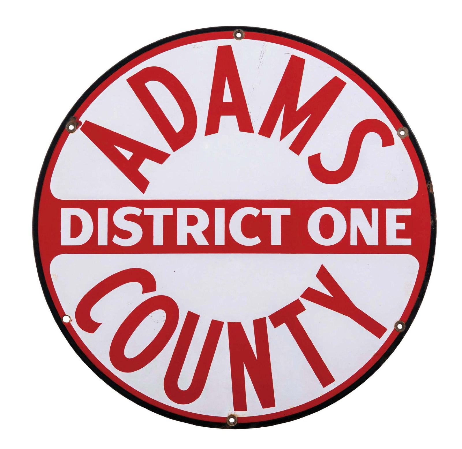 ADAMS COUNTY DISTRICT ONE PORCELAIN SIGN: SSP. C. 1950's Adams County District One single sided porcelain sign. CONDITION: SIgn has good color and shine with very minor areas of surface staining and surface scratching. Sign shows minor porcel