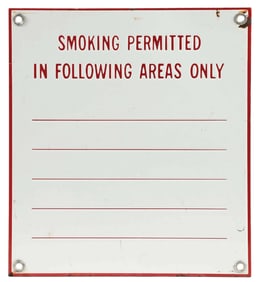 SMOKING PERMITTED IN FOLLOWING AREAS ONLY PORCELAIN SIGN