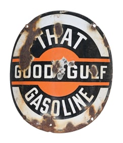 THAT GOOD GULF GAS CURVED PORCELAIN PUMP PLATE SIGN