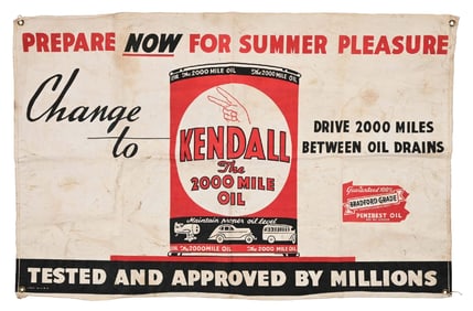 KENDAL MOTOR OIL CANVAS SERVICE STATION BANNER W/ QUART CAN GRAPHIC.