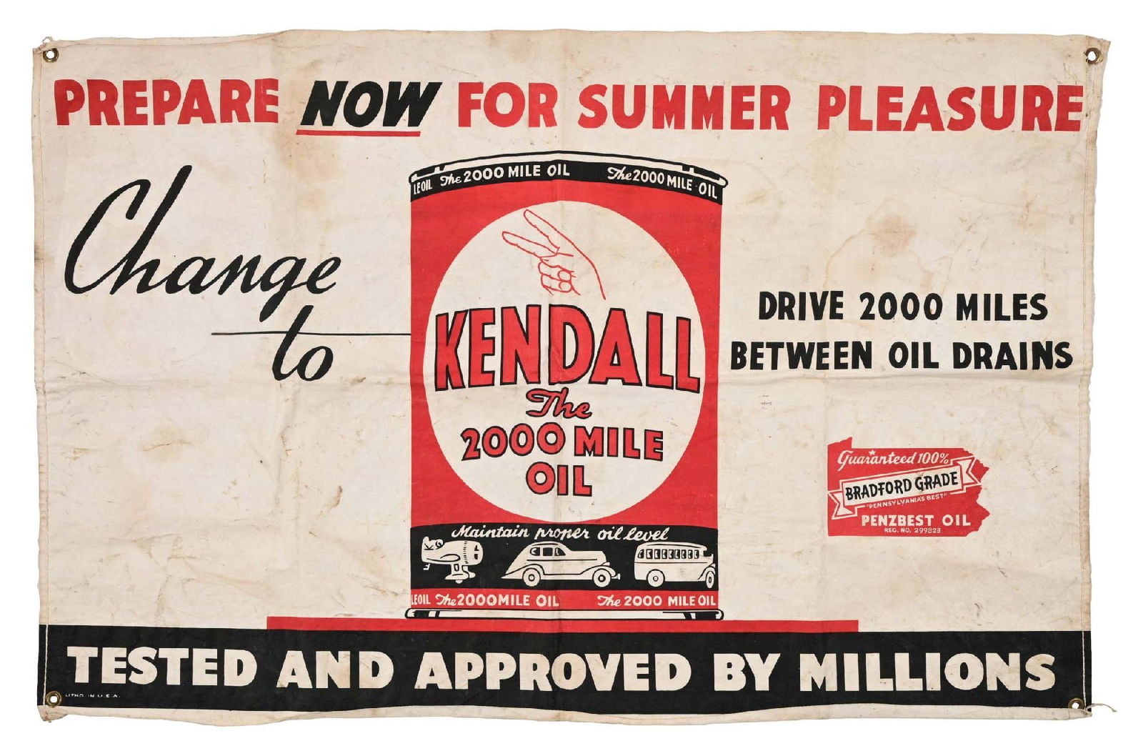 KENDAL MOTOR OIL CANVAS SERVICE STATION BANNER W/ QUART CAN GRAPHIC. (1 of 3)