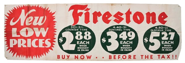 FIRESTONE TIRES "NEW LOW PRICES" SERVICE STATION CANVAS BANNER.