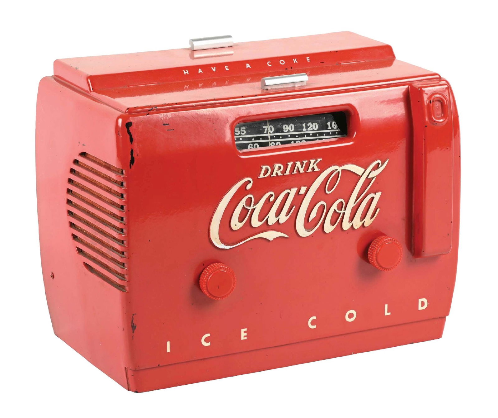DRINK COCA-COLA POINT OF PURCHASE RADIO.: Point Of Purchase Displays Radio for Coca Cola showing embossed Coca Cola script. CONDITION: In very good condition overall showing bright color with light markings at the left side. There is a small 