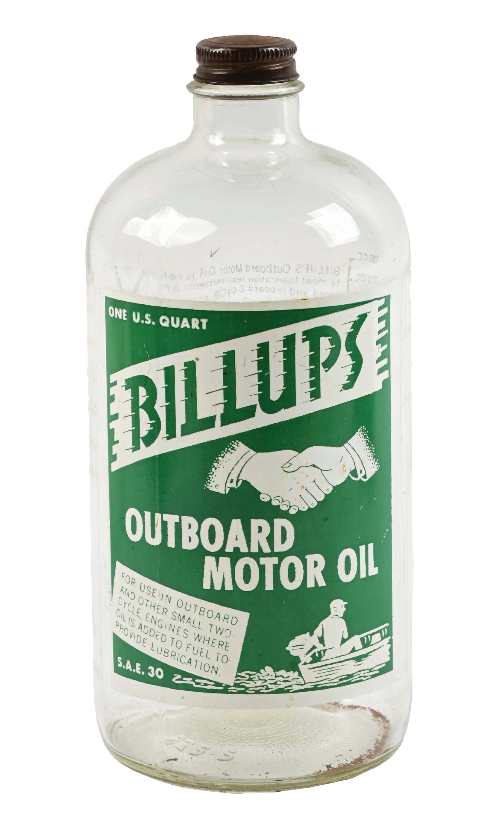 BILLUPS OUTBOARD MOTOR OIL ONE QUART GLASS BOTTLE.: One Quart Glass Bottle for Bills Motor Oils. CONDITION: Bottle displaying excellent color & gloss throughout with only minimal surface wear. Glass is excellent and shows original cap. A well displayin