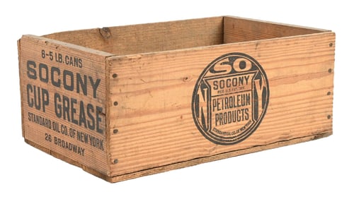 SOCONY PETROLEUM PRODUCTS CUP GREASE WOODEN SHIPPING CRATE.
