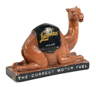 LUBRIGAS THE CORRECT MOTOR FUEL ADVERTISING CAMEL FIGURINE COIN BANK.