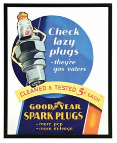 GOODYEAR SPARK PLUGS FRAMED CARD BOARD STORE DISPLAY.