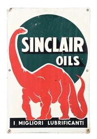 SINCLAIR OILS MASONITE SIGN WITH DINO GRAPHIC.