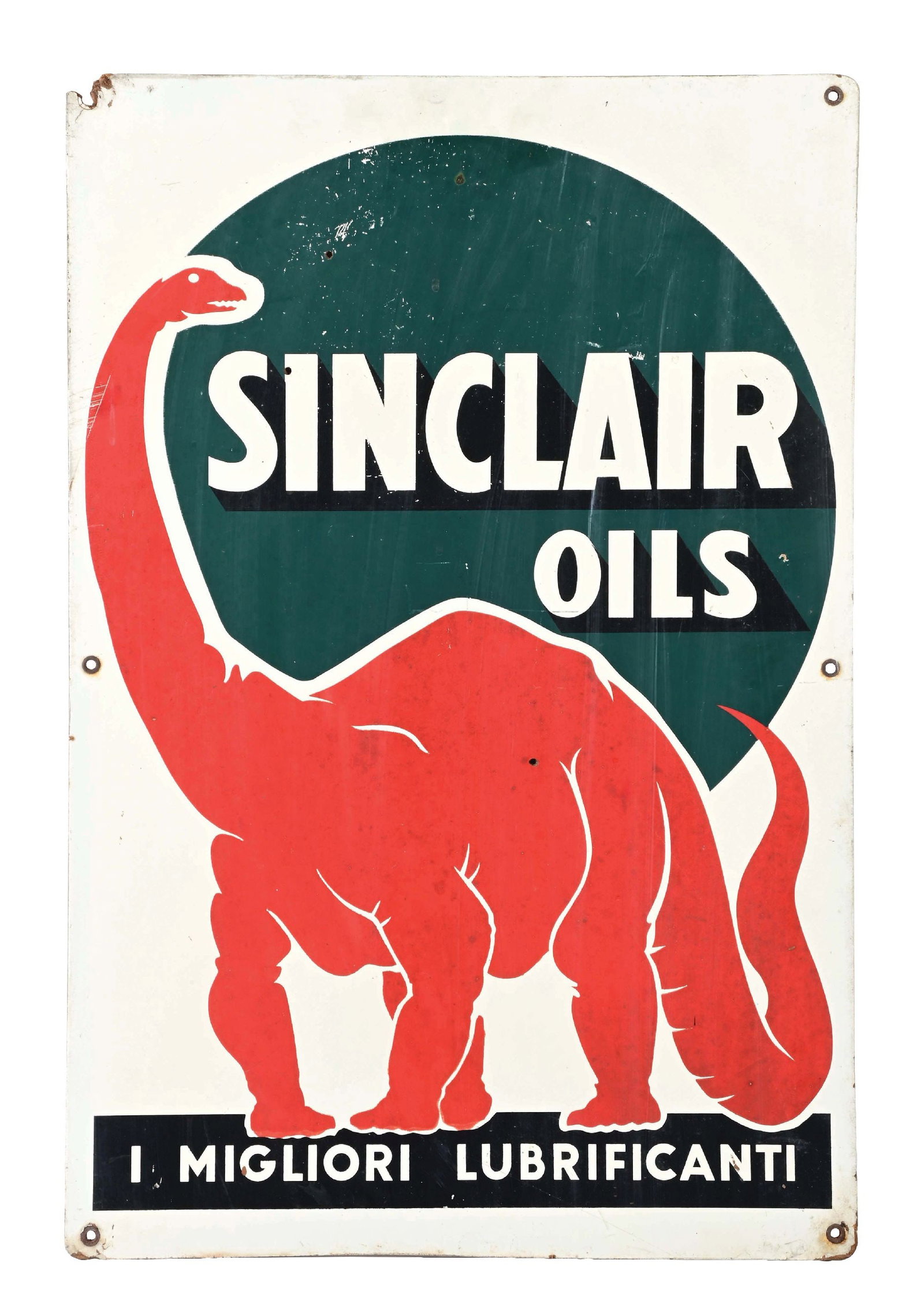 SINCLAIR OILS MASONITE SIGN WITH DINO GRAPHIC.: Single Sided Masonite. CONDITION: Sign shows very good color throughout, with some minor areas of scratching and surface wear. One added hole in the center field as well as some minor outer edgewear w