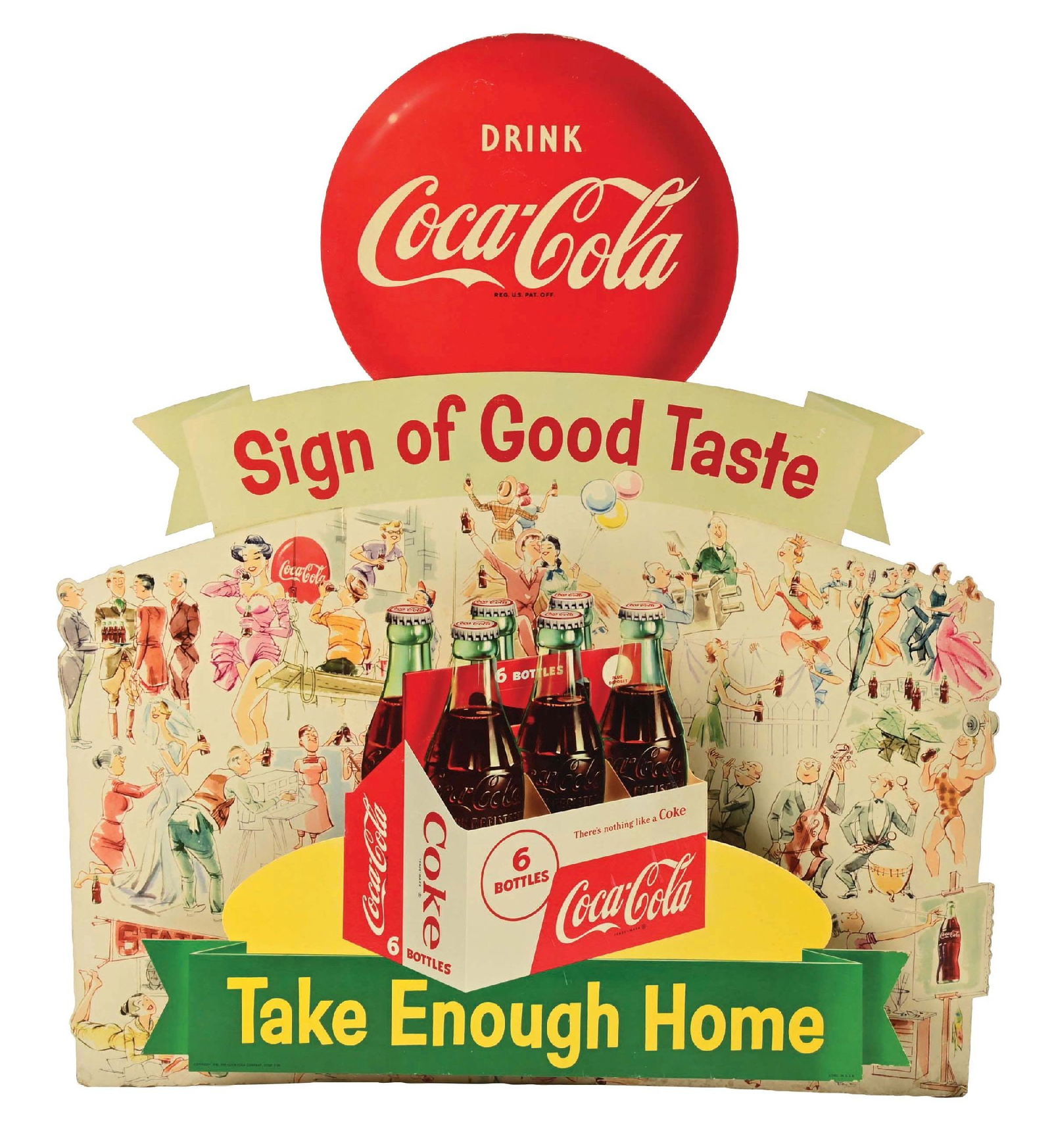1956 COCA-COLA THREE DIMENSIONAL CARD BOARD EASEL BACK SIGN: Single-Sided Three Dimensional Cardboard Store Display for Coca-Cola, showing Six Pack graphic with party scene. CONDITION: Excellent color throughout with only minimal surface wear. Shows some very m