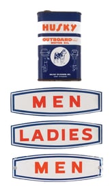 COLLECTION OF 4: HUSKY RESTROOM SIGNS & CAN